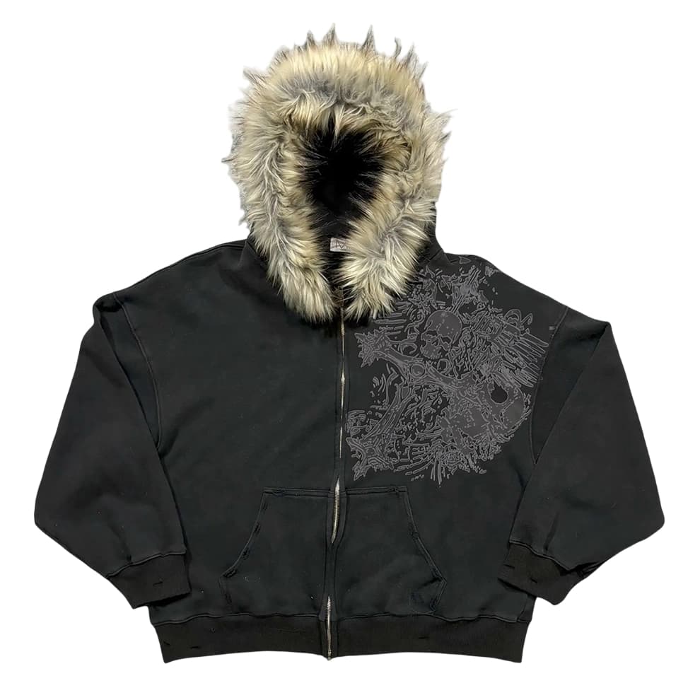 Y2K Fur Hooded Skull Graphic Zip-Up