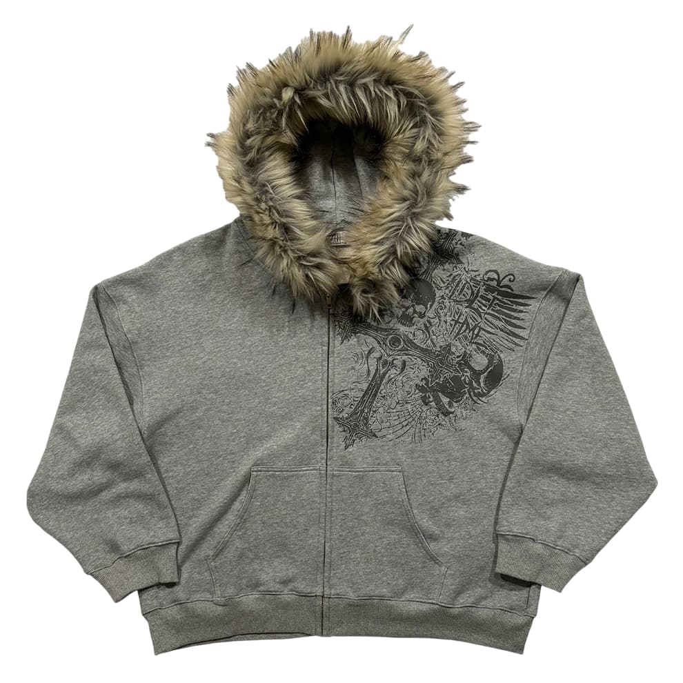 Gray Faux Fur Trim Oversized Zip Hoodie